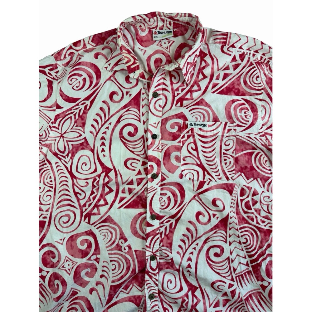Teahupoo Tahiti Mens 2XL Hawaiian Shirt Red Tribal Tiki Polynesian Cotton